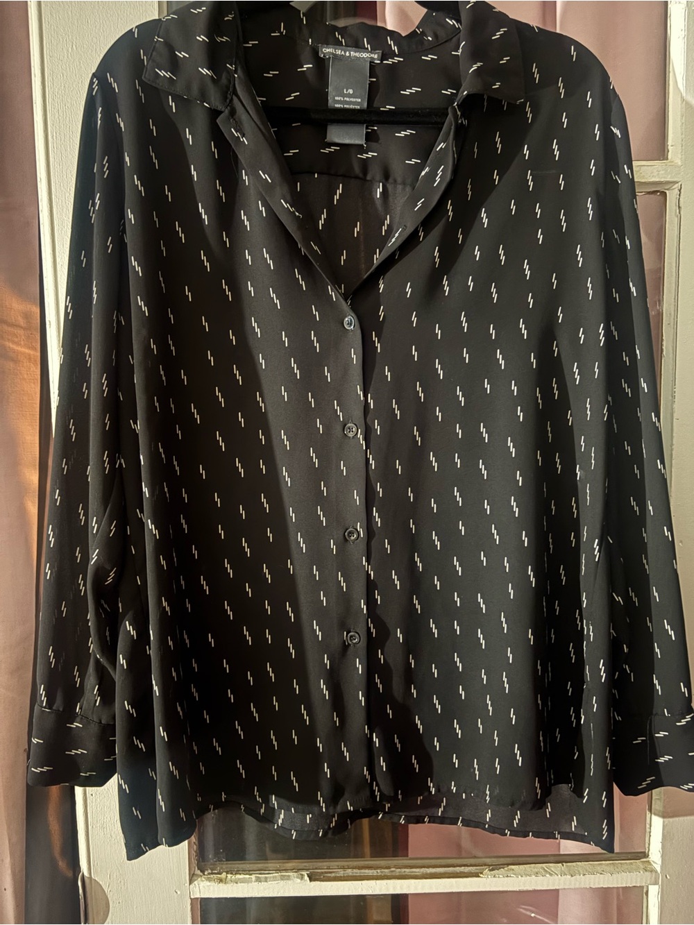 Chelsea & Theodore Black Button-Down Blouse with White Dash Print